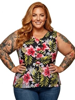 Beach Vacation Floral Hibiscus Hawaiian Ruffle Front Top - Plus Size 2x